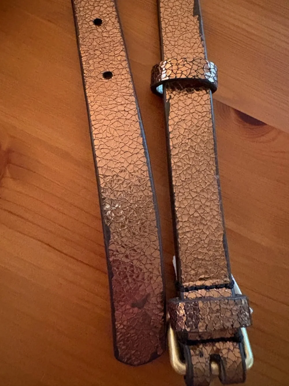 Boden Textured Bronze Leather Metallic Skinny Belt Size L Gold Square Buckle